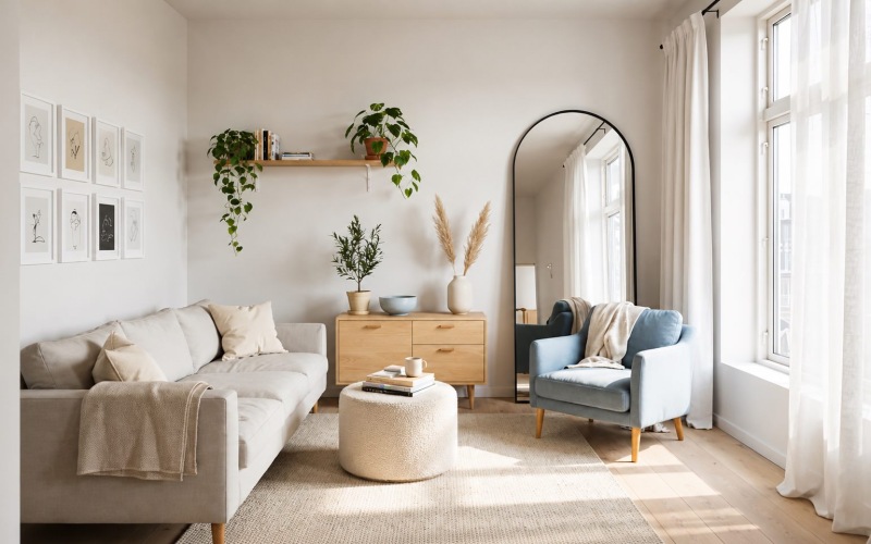 a living room with a couch, chair and a mirror