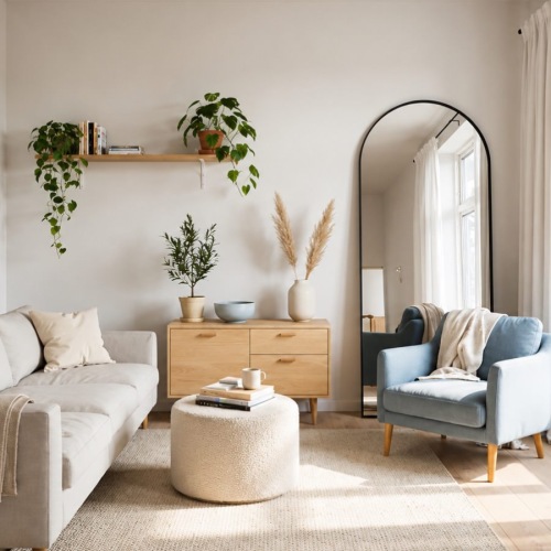 a living room with a couch, chair and a mirror